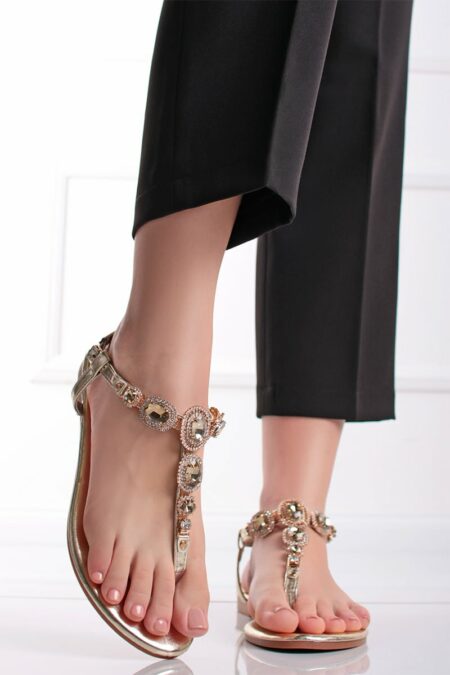Zlaté nízke sandále s kamienkami Leena