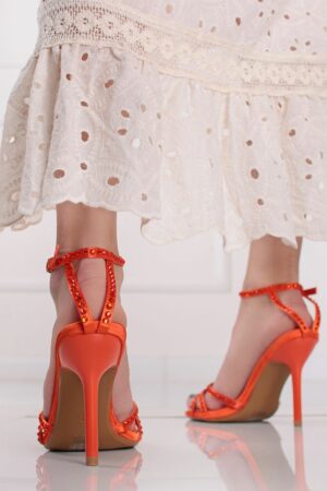 Oranžové sandále na tenkom podpätku s ozdobnými kamienkami Lola